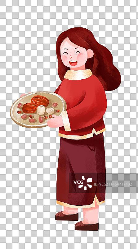 穿着红色棉衣抱着食物的女人图片素材