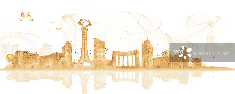 手绘金色包头城市建筑插画图片素材