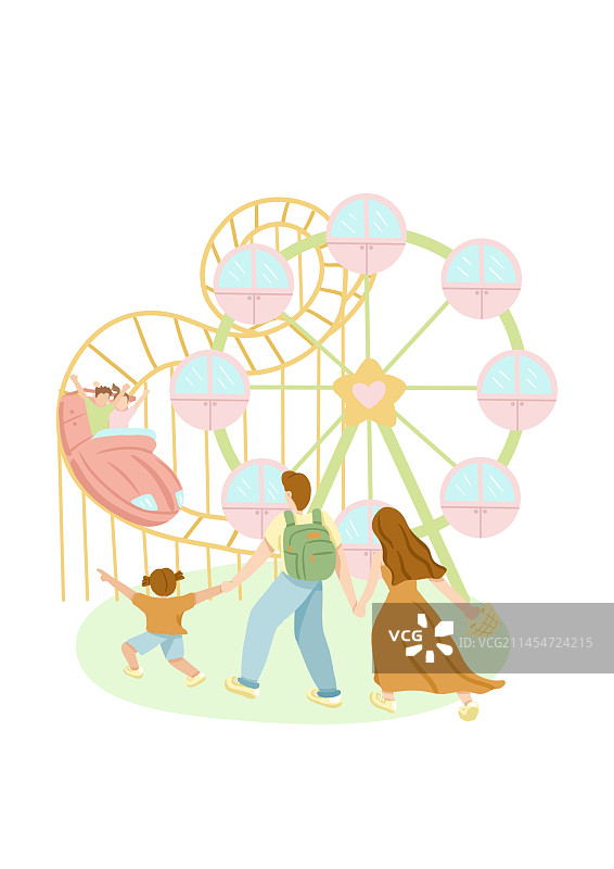 扁平一家人游乐场清新插画图片素材