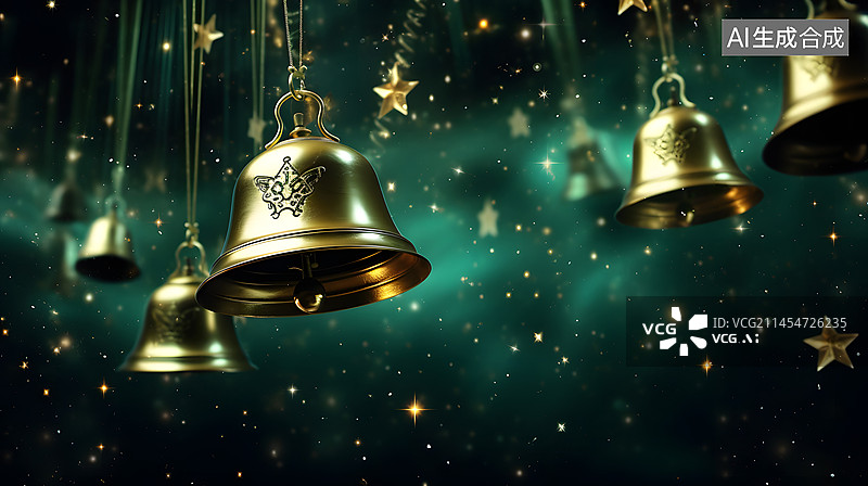 【AI数字艺术】数码圣诞绿色金铃星空抽象图形海报网页PPT背景图片素材