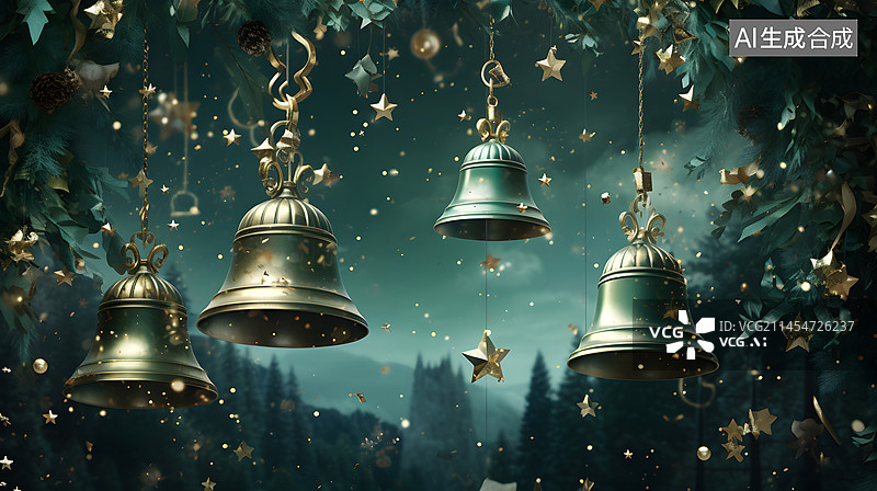 【AI数字艺术】数码圣诞绿色金铃星空抽象图形海报网页PPT背景图片素材