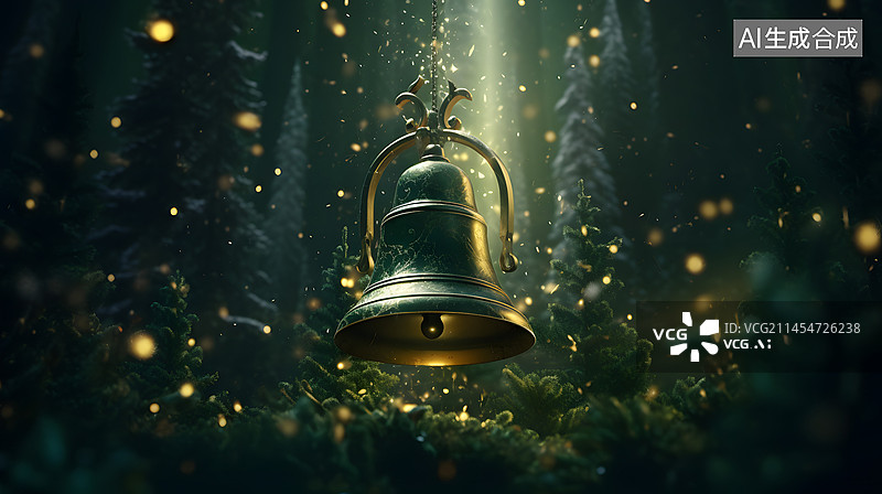 【AI数字艺术】数码圣诞绿色金铃星空抽象图形海报网页PPT背景图片素材