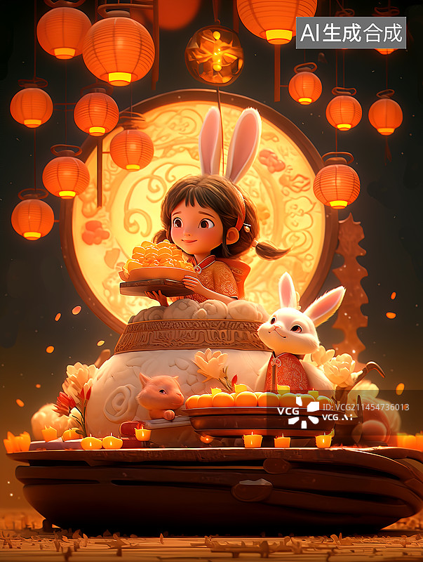 【AI数字艺术】3D中秋节可爱女孩和兔子插画图片素材