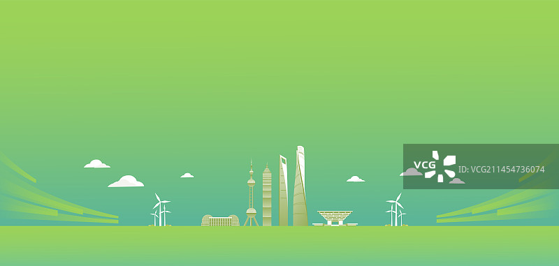 绿色上海城市天际线建筑插画，上海绿色智能插画图片素材