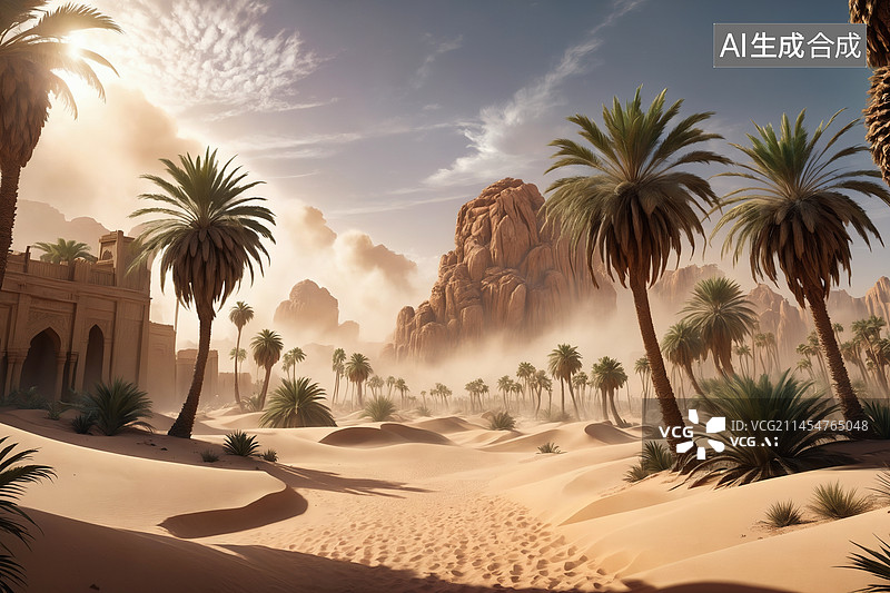 【AI数字艺术】唯美梦幻沙漠绿洲图片素材