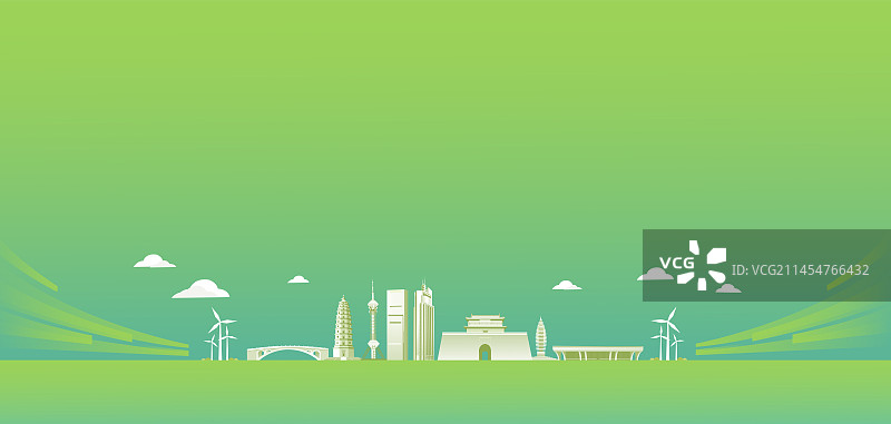绿色河北城市天际线建筑插画，河北绿色智能插画图片素材