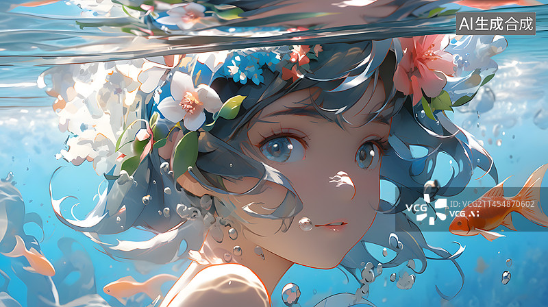 【AI数字艺术】水下带花环的少女图片素材
