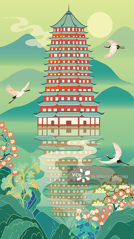 国风地标系列—国潮风杭州六和塔矢量插画图片素材