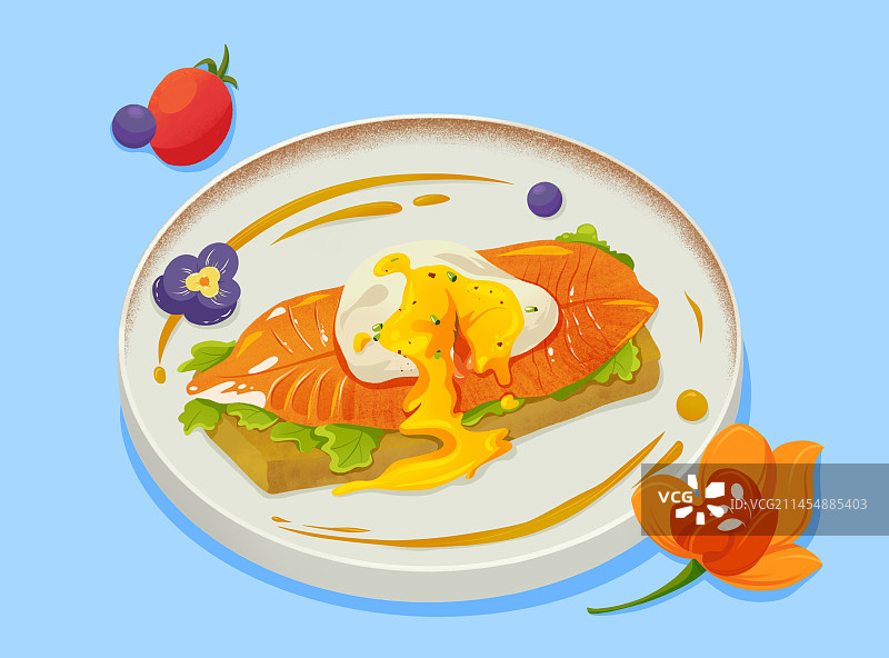 三文鱼班尼迪克生菜鸡蛋吐司美食插画图片素材