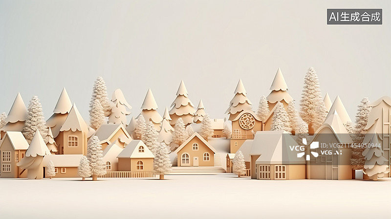 【AI数字艺术】冬季白雪覆盖的村庄3D渲染图片素材