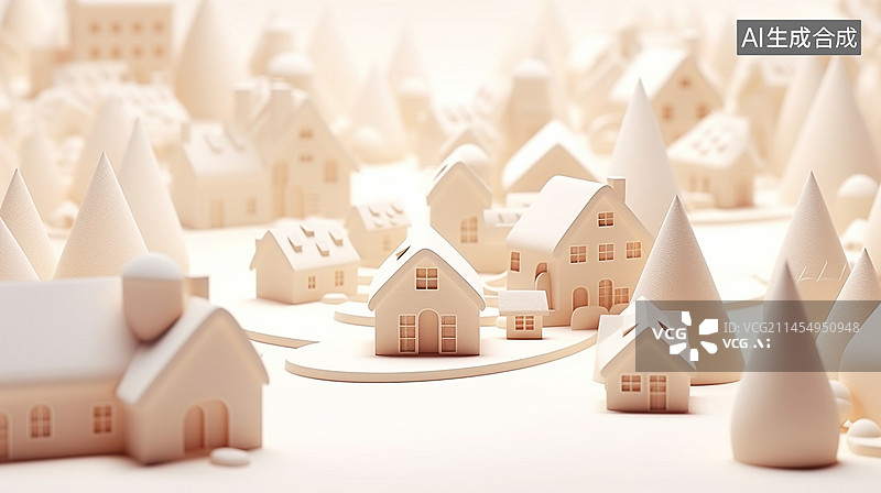 【AI数字艺术】冬季白雪覆盖的村庄3D渲染图片素材
