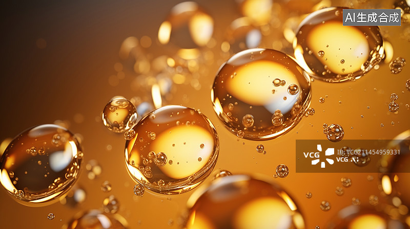 【AI数字艺术】化妆品概念：胶原蛋白泡在金色和粉红色的液体中，漂浮在空气中，表现为3D奶油分子。图片素材