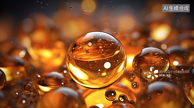 【AI数字艺术】化妆品概念：胶原蛋白泡在金色和粉红色的液体中，漂浮在空气中，表现为3D奶油分子。图片素材