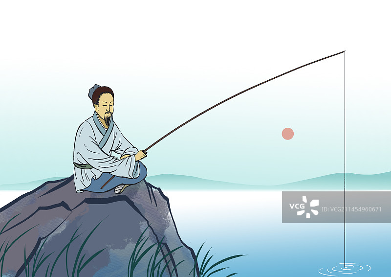 中国风新中式古风古典传统文化古人古装古时候古代水墨画水墨风垂钓渔民钓鱼插画图片素材