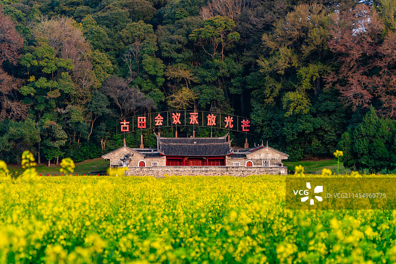 春天油菜花田中的福建龙岩上杭古田会议会址廖氏宗祠图片素材