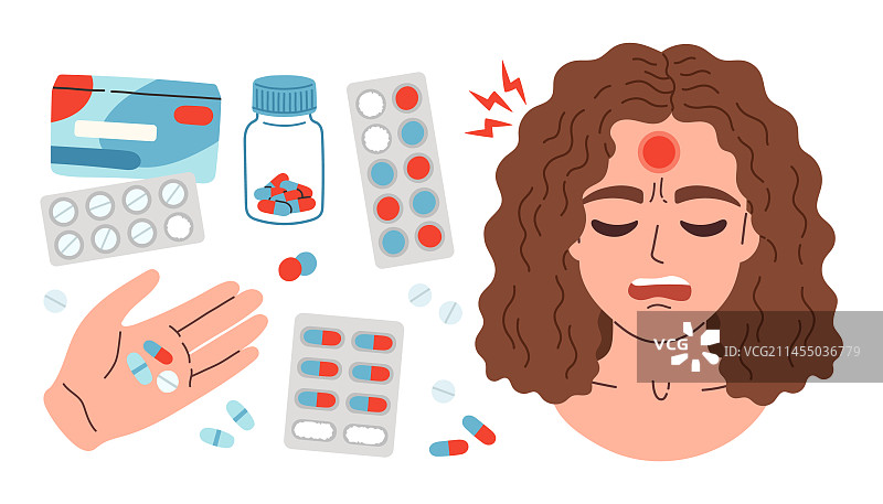 头痛药片：女性头痛发作图片素材