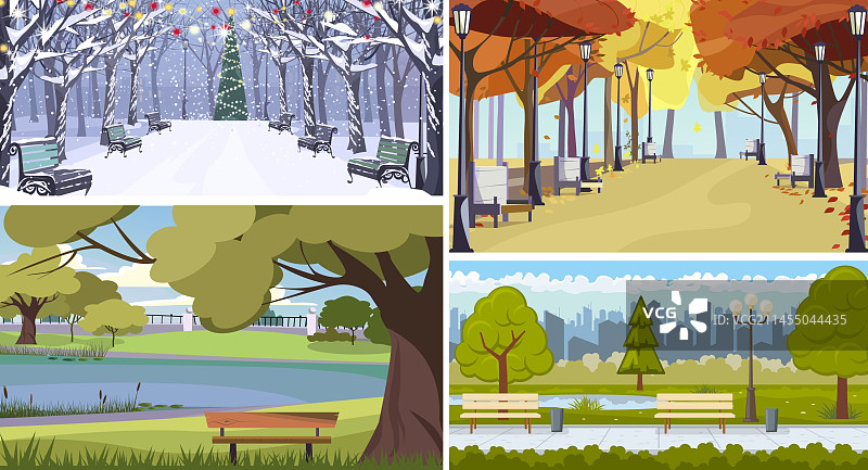 四季城市公园扁平设计图片素材