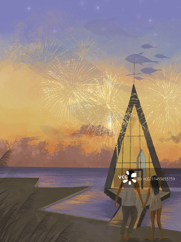 快乐的年轻情侣在海边看夕阳图片素材