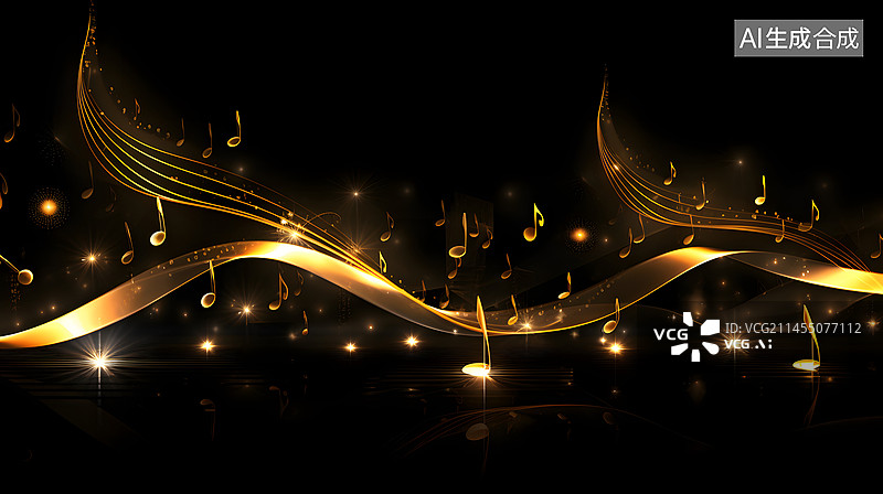 【AI数字艺术】数码金色音符发光曲线抽象图形海报网页PPT背景图片素材