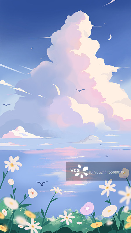 蓝天白云海边唯美风景插画图片素材