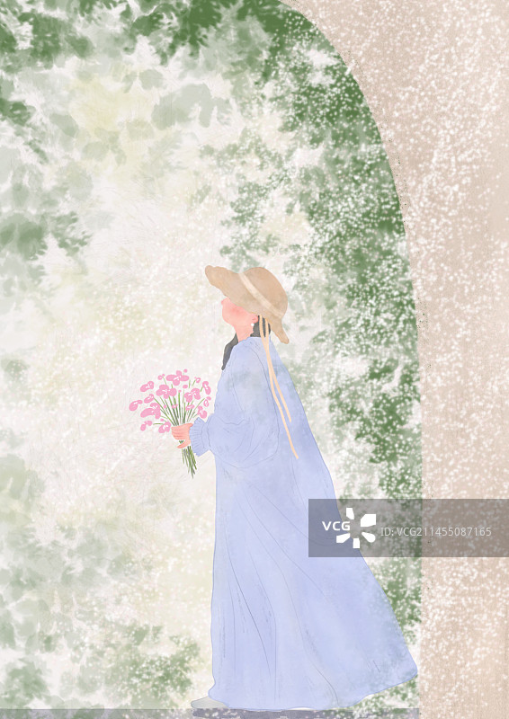 墙边花园拿着花束的女孩风景插画图片素材