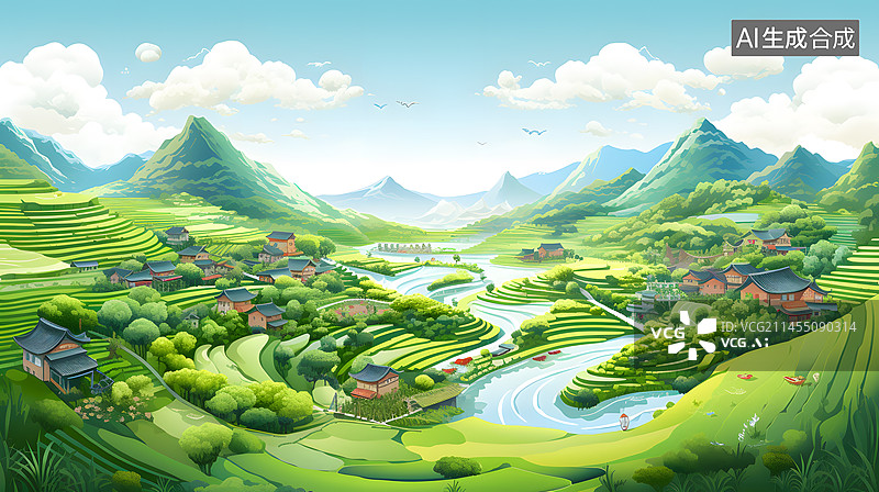【AI数字艺术】绿色风景插画图片素材