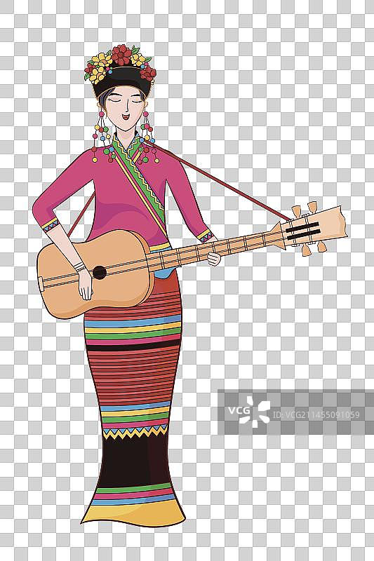 弹四弦琴的布朗族姑娘元素图片素材