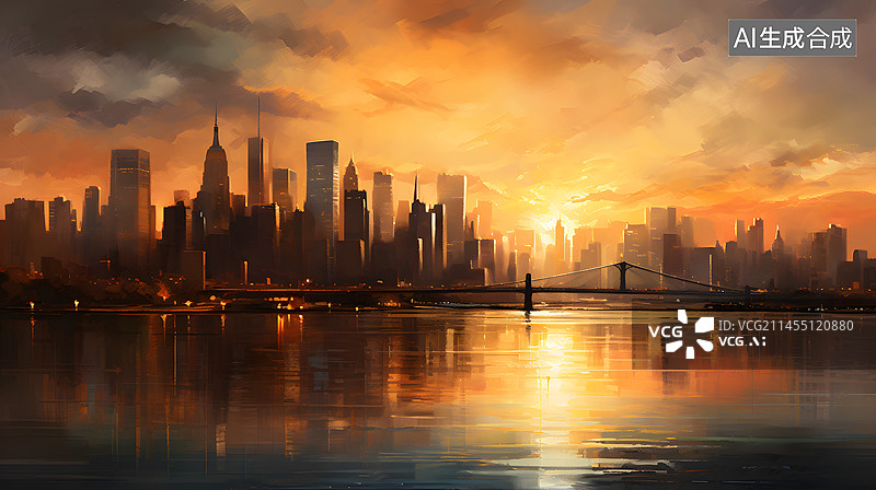 【AI数字艺术】数码日落黄昏城市场景图形海报网页PPT背景图片素材