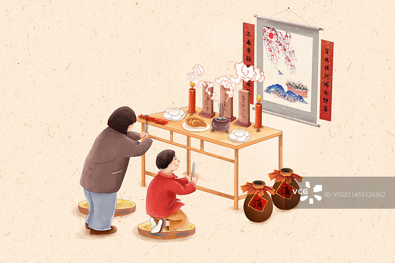 2024传统年俗腊月二十九上坟请祖上大供 蒸馒头 母子两人在摆满祭品的桌前磕头祭拜祖先图片素材