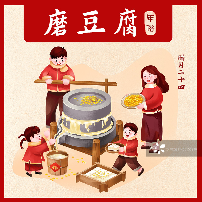 年俗腊月二十五 磨豆腐插画海报图片素材