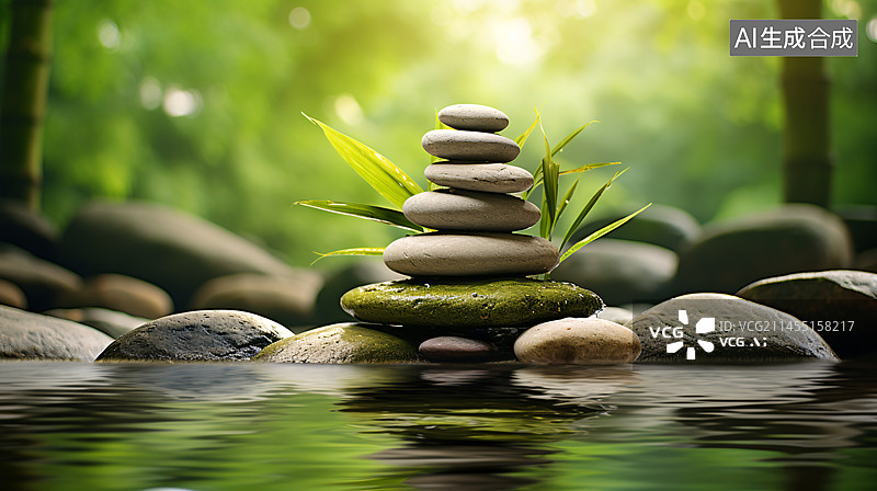 【AI数字艺术】水疗静物背景与禅石和绿色竹林。图片素材