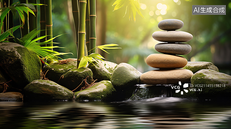 【AI数字艺术】水疗静物背景与禅石和绿色竹林。图片素材
