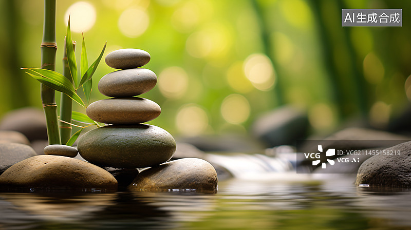 【AI数字艺术】水疗静物背景与禅石和绿色竹林。图片素材