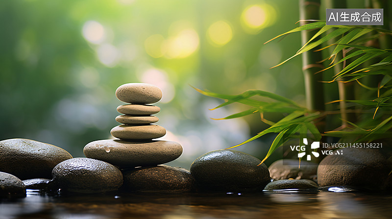 【AI数字艺术】水疗静物背景与禅石和绿色竹林。图片素材