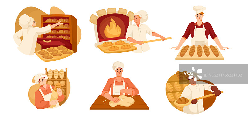 穿制服和厨师帽烘焙面包的男面包师图片素材