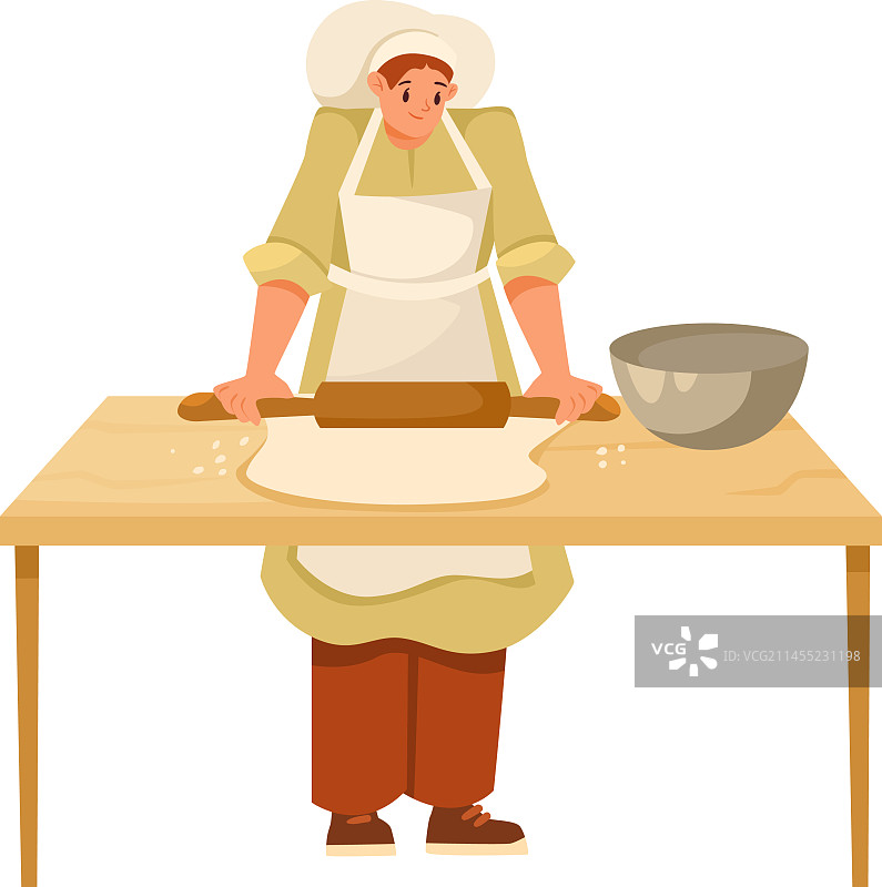 穿制服和厨师帽的面包师正在擀面团图片素材