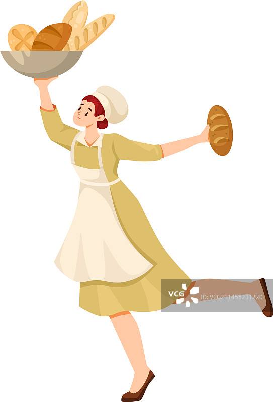 穿制服和厨师帽的烘焙师妇女端着新鲜面包图片素材