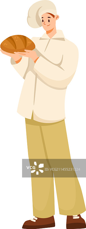 穿着制服戴厨师帽的男面包师拿着面包图片素材