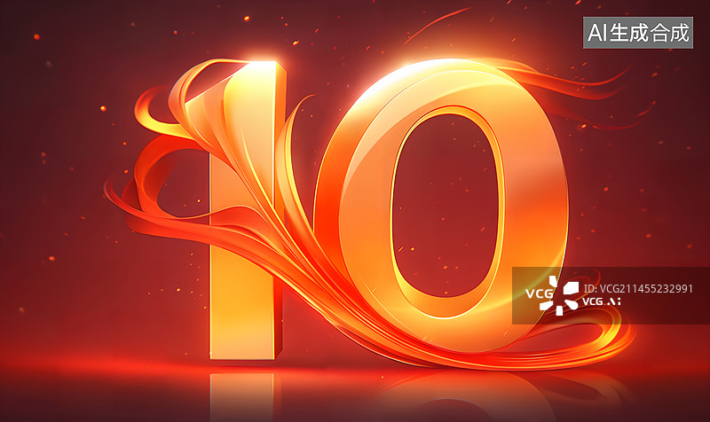 【AI数字艺术】红色飘带金色数字10十周年庆祝祝贺插画图片素材