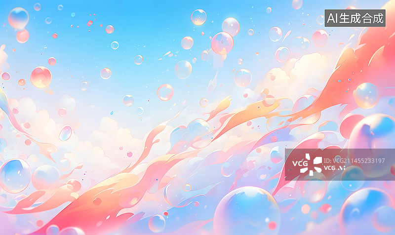 【AI数字艺术】炫彩泡泡蓝色橙色水天空云梦幻插画图片素材
