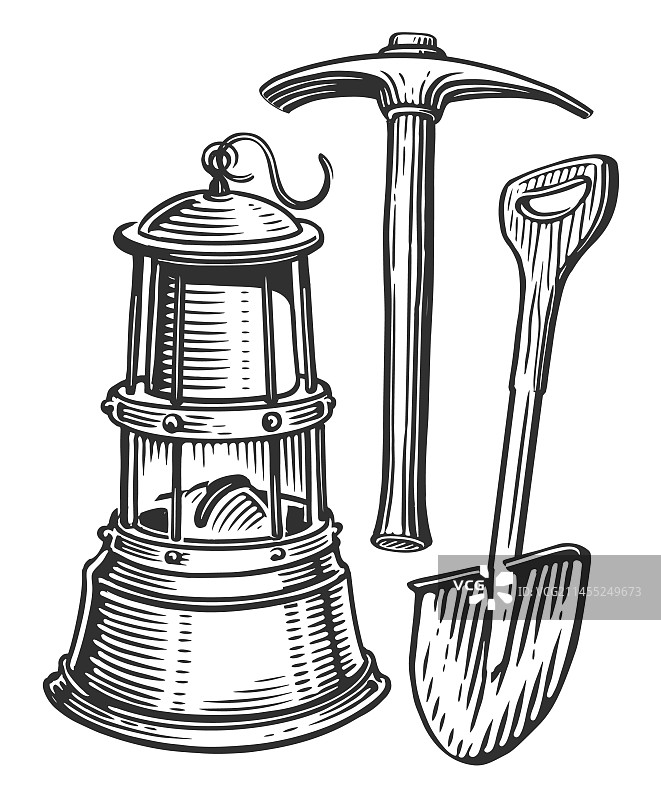 矿业工具：铲子、镐和灯笼图片素材