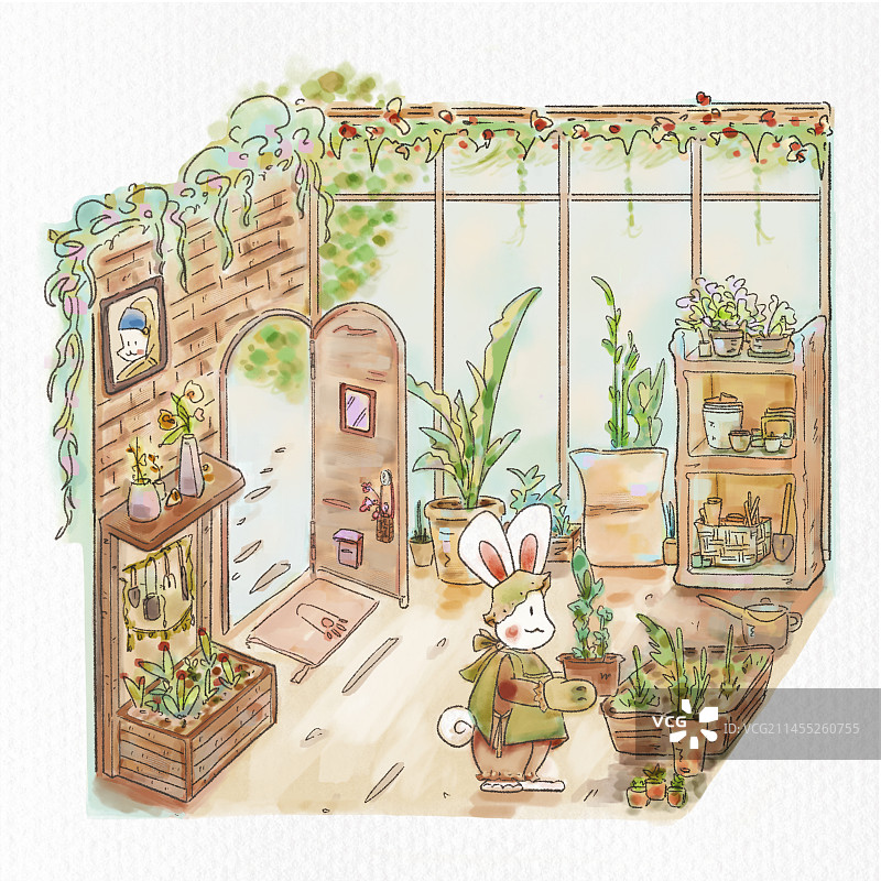 兔子动物植物广东建筑水彩风插画图片素材