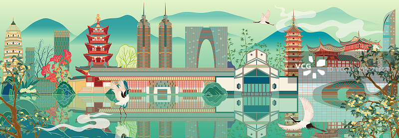 国风地标系列—国潮风苏州地标建筑群矢量插画图片素材