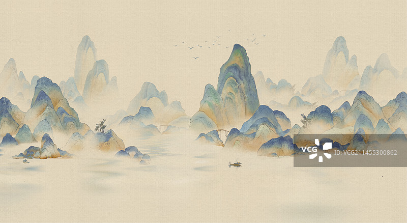 手绘千里江山图意境山水插画背景图片素材