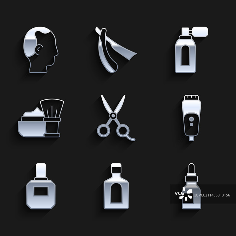 包含剪刀洗发水油瓶的美发师用品合集图片素材