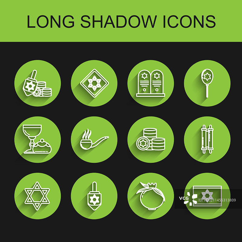 光明节陀螺和硬币中的大卫之星线条图片素材