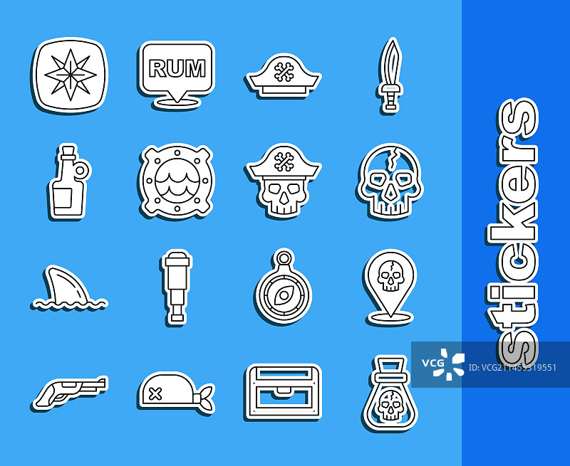 海盗金币、定位和海盗骷髅帽线条图标图片素材