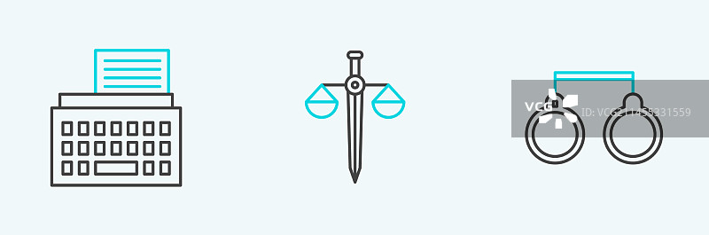 手铐、复古打字机和天平图片素材