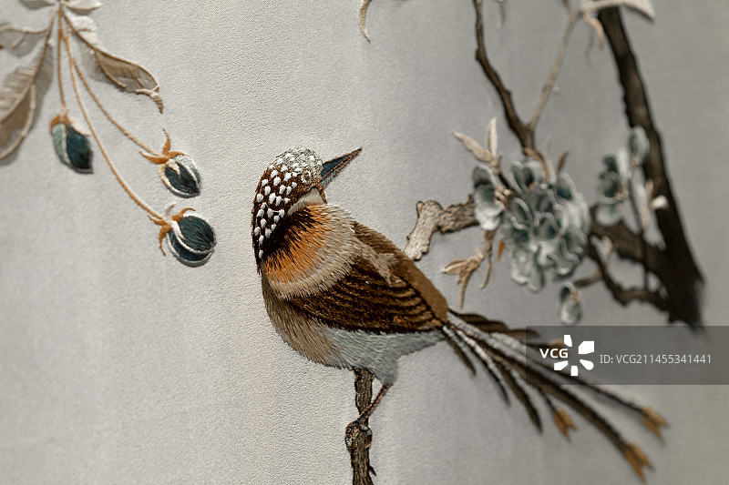 中式传统墙壁花鸟刺绣图片素材