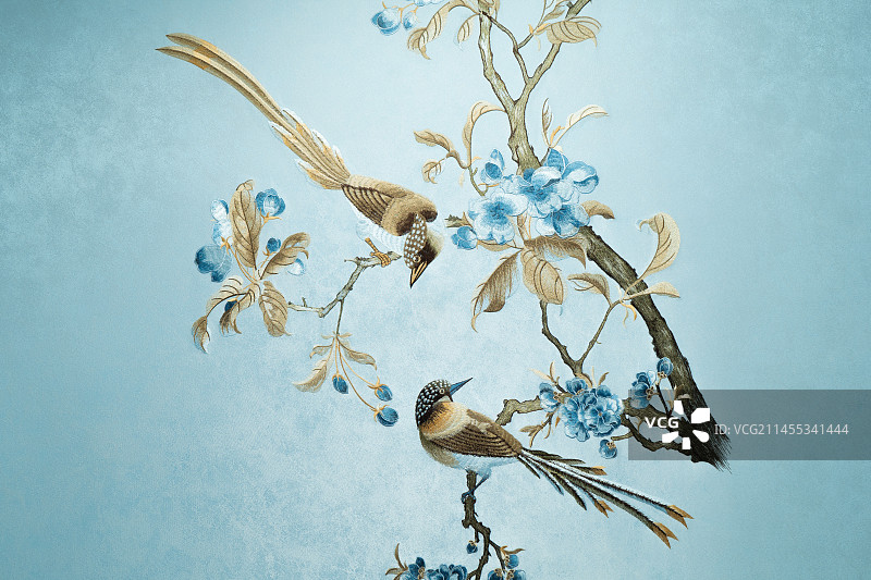 中式传统墙壁花鸟刺绣图片素材